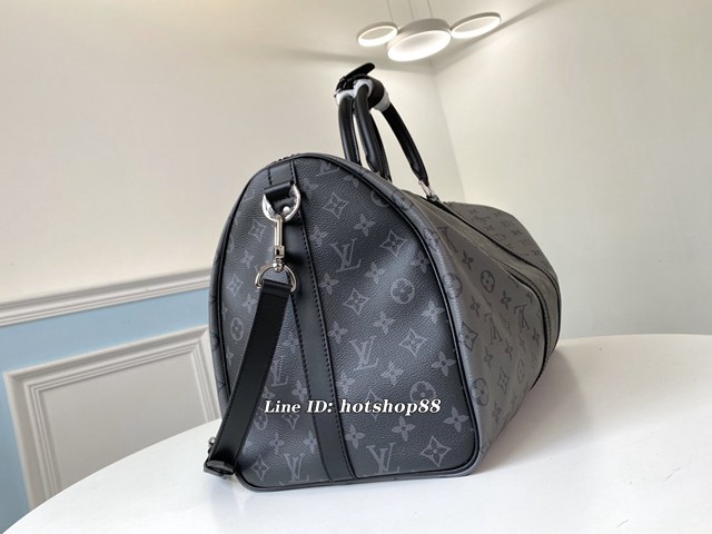 路易威登LV旅行包 M45392 KEEPALL50旅行袋 LV新款黑銀拼色拼接旅行袋 LV男士手提旅行袋 xxlv2930